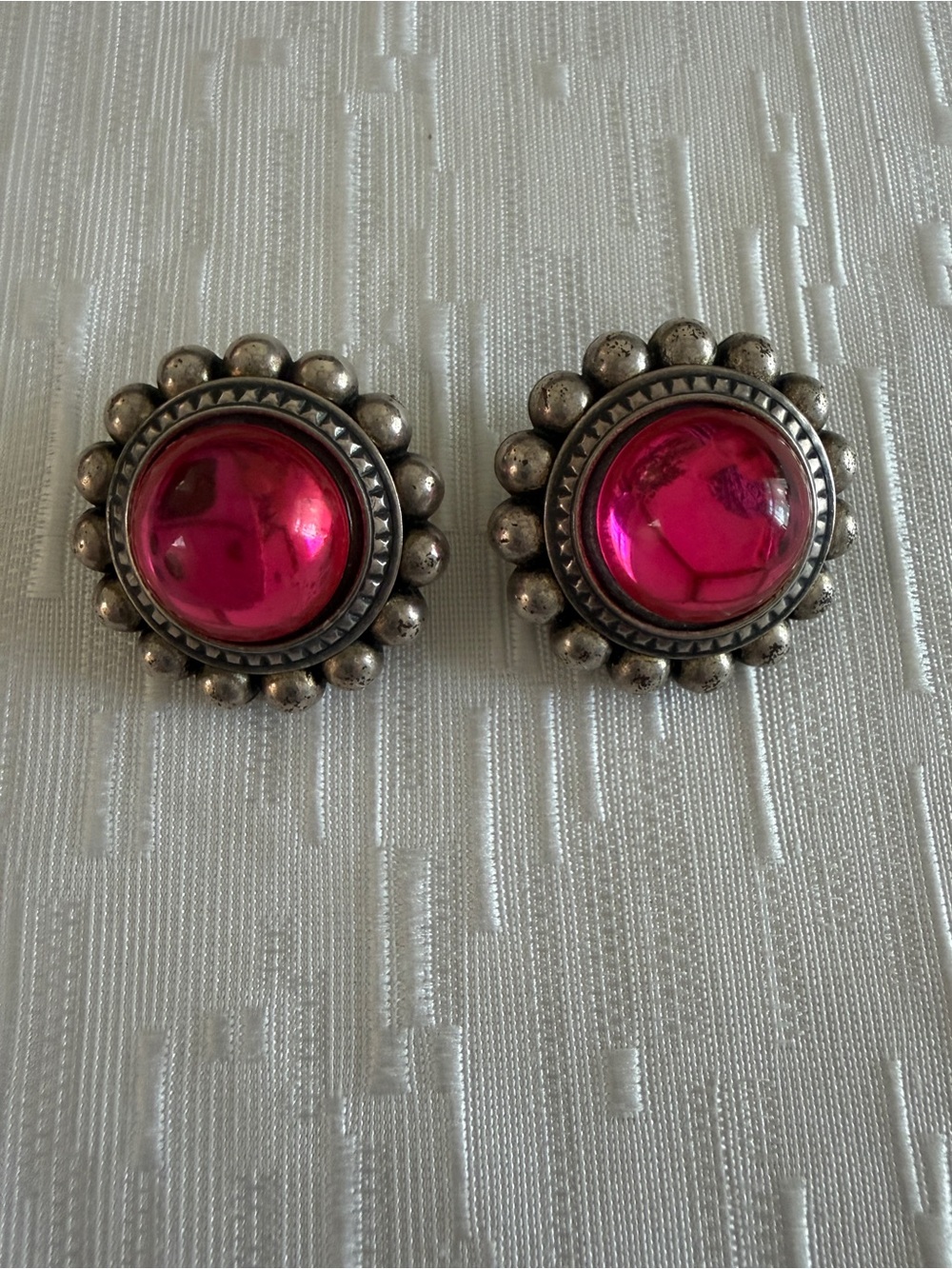 Silver-Tone Floral Clip-on Earrings with Fuchsia Cabochon